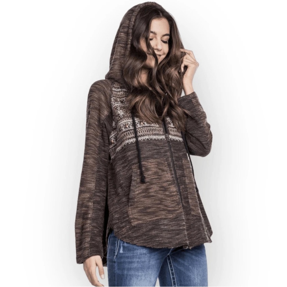 Miss Me Women's Y2K Knit Hooded Full Zip Studded Sweater Size Medium Brown